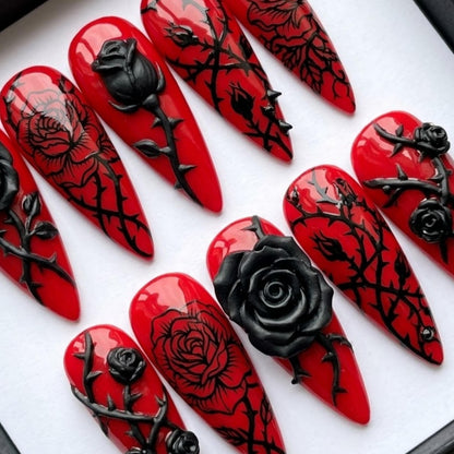 Gothic Black Rose Press On Nails | Dark Romance Long Stiletto | 3D Floral Thorns Nails | Hand Sculpted Gel Nails | Edgy Goth Girl Nails