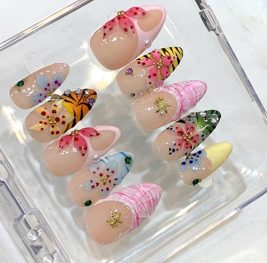 Colorful 3D Floral Press On Nails, Handmade Almond Nails, Summer Nail Art Set