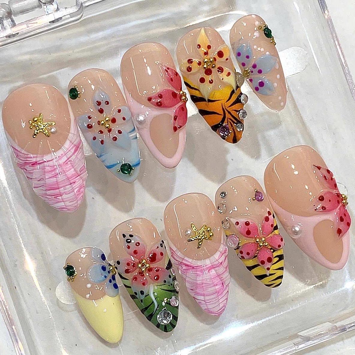 Colorful 3D Floral Press On Nails, Handmade Almond Nails, Summer Nail Art Set