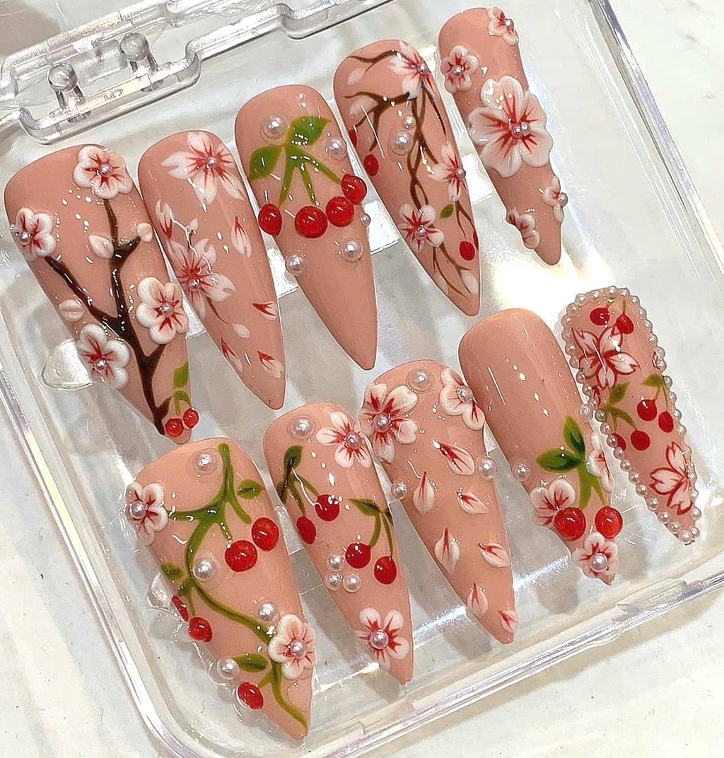 Cherry Blossom Press On Nails, 3D Floral Nude Almond Nails, Handmade Spring Nails