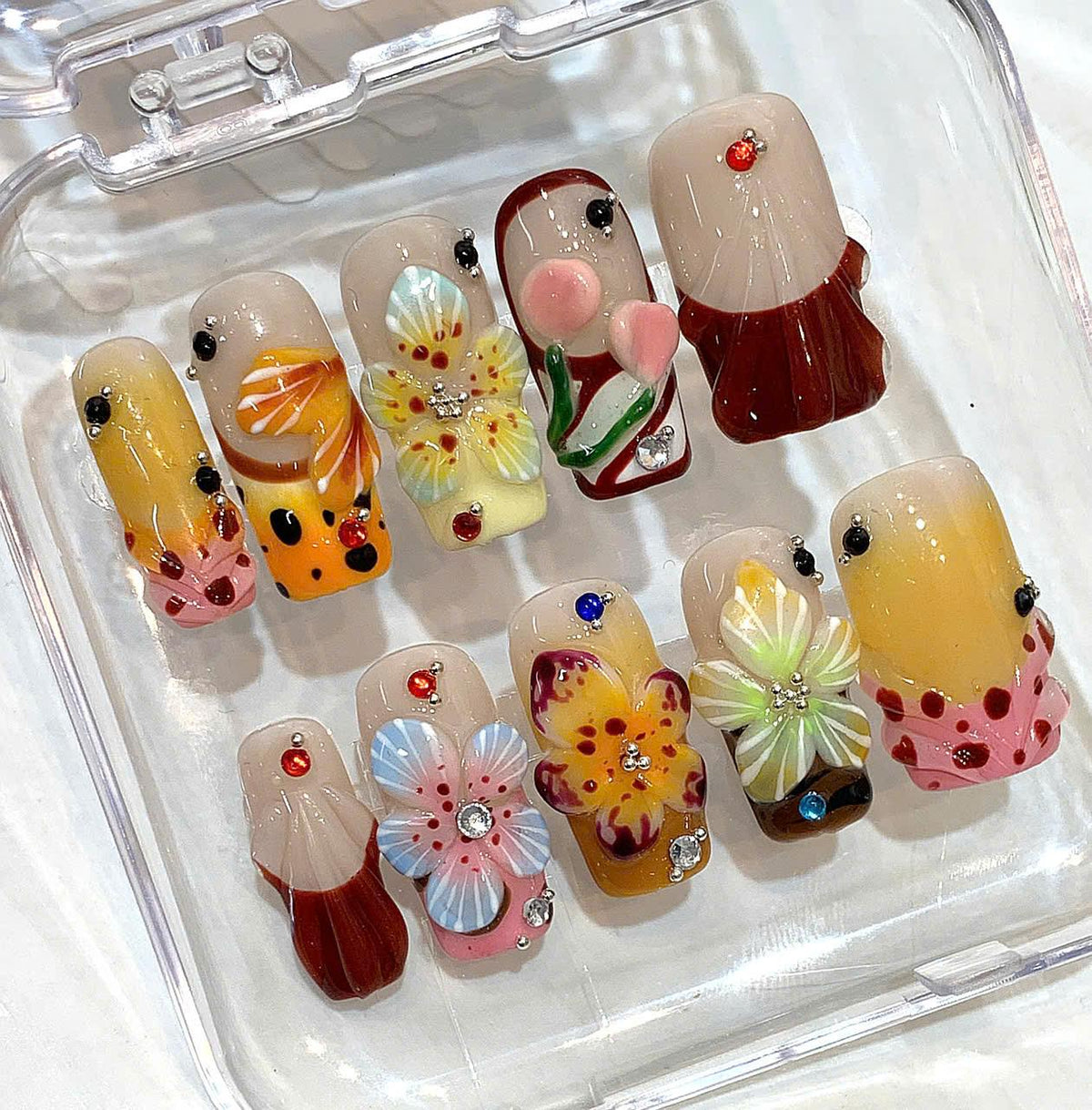 3D Flower Press On Nails: Handmade Rhinestone Floral Nail Art Set