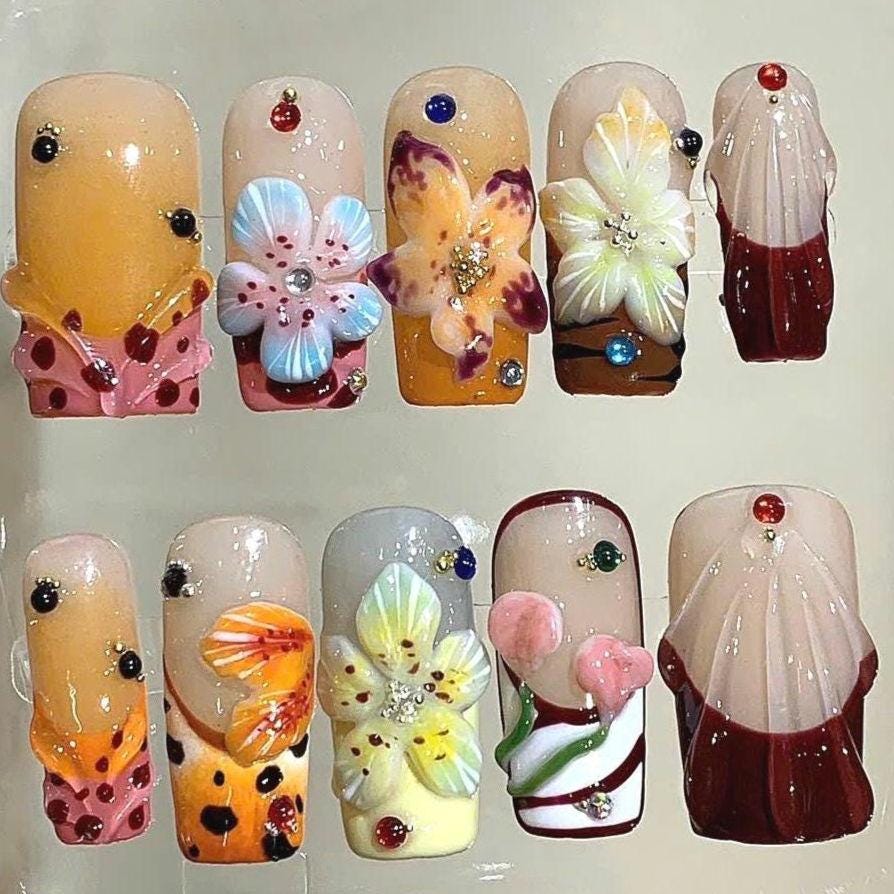 3D Flower Press On Nails: Handmade Rhinestone Floral Nail Art Set