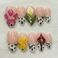 Spring Blossom Press On Nails, 3D Flower Nails, Nude French Tip Nail Art, Handmade Gel Nails