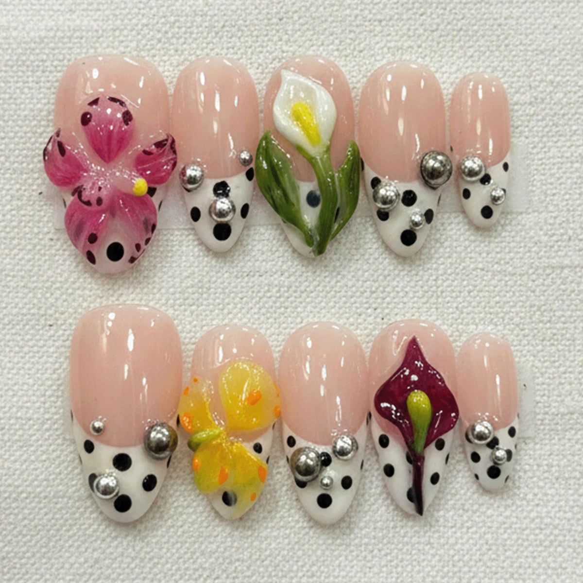 Spring Blossom Press On Nails, 3D Flower Nails, Nude French Tip Nail Art, Handmade Gel Nails