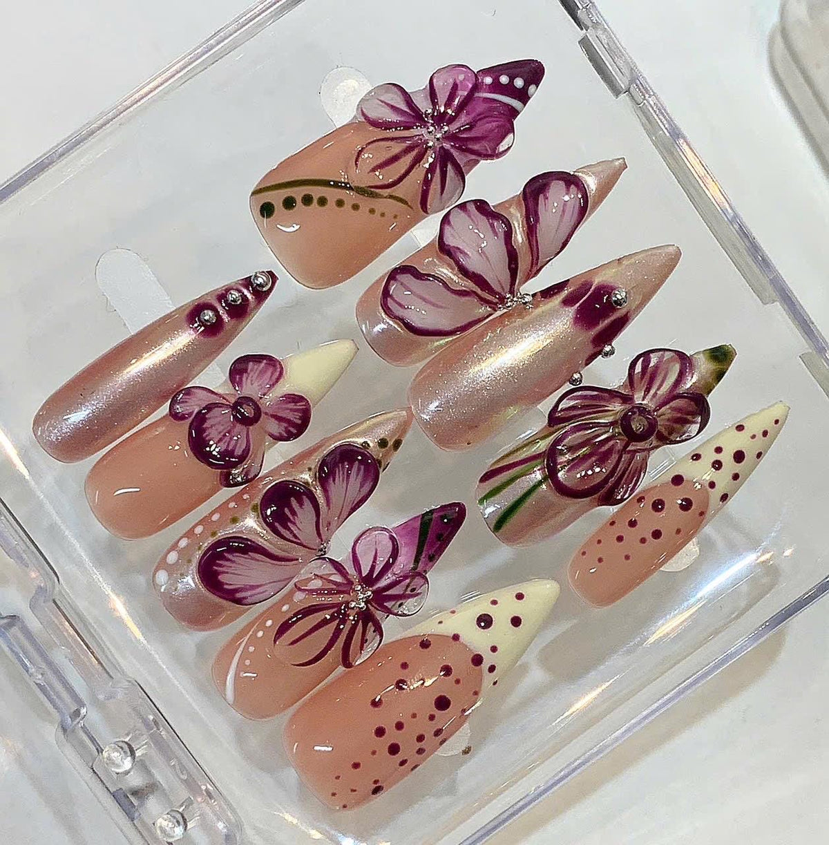 Purple 3D Floral Press On Nails, Handmade Nude Flower Nails Set