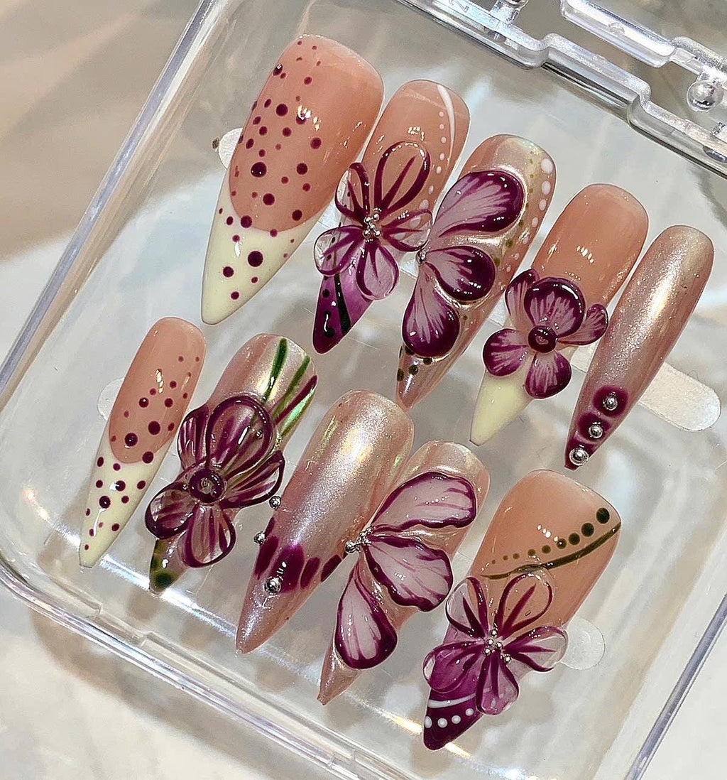 Purple 3D Floral Press On Nails, Handmade Nude Flower Nails Set