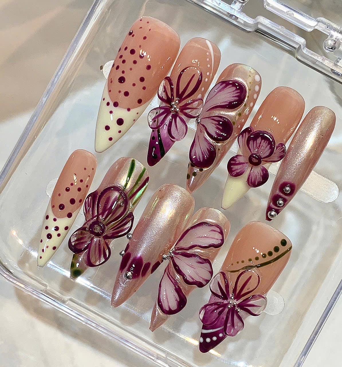 Purple 3D Floral Press On Nails, Handmade Nude Flower Nails Set