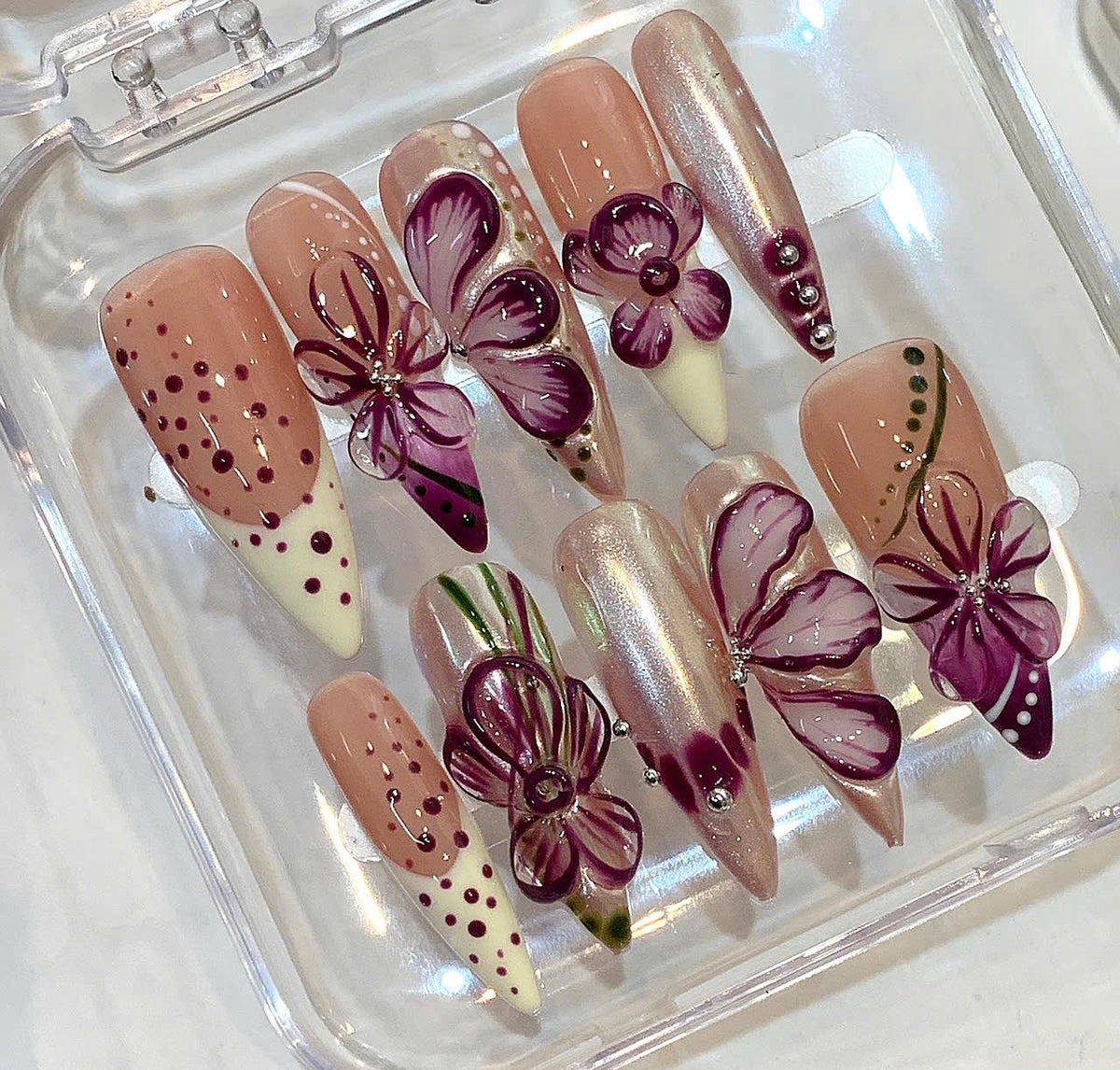Purple 3D Floral Press On Nails, Handmade Nude Flower Nails Set