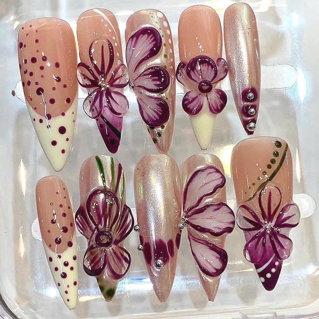 Purple 3D Floral Press On Nails, Handmade Nude Flower Nails Set