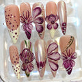 Purple 3D Floral Press On Nails, Handmade Nude Flower Nails Set