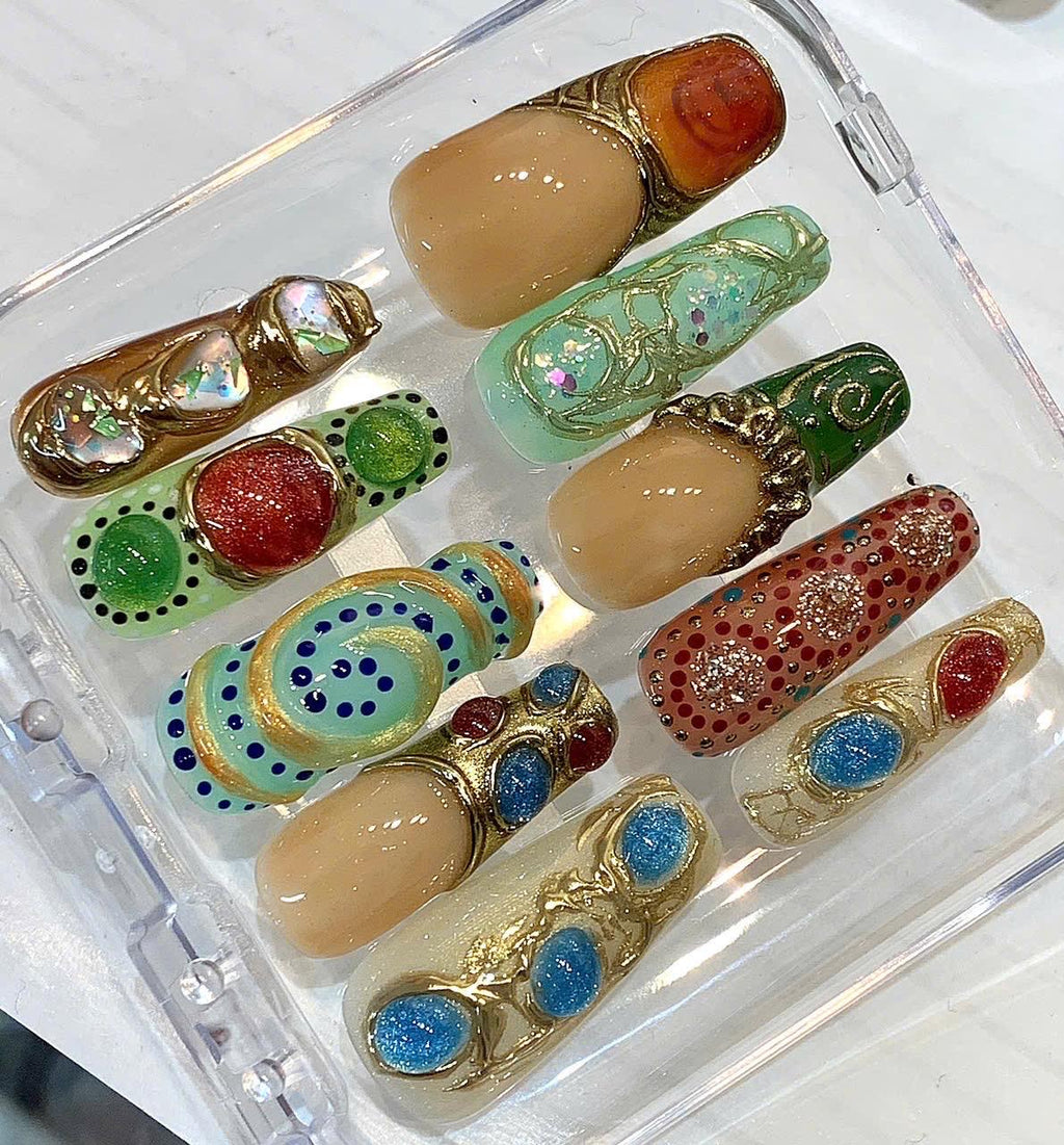 Gemstone Press On Nails, Gold 3D Artistic Nails, Jewel Design Nail Set