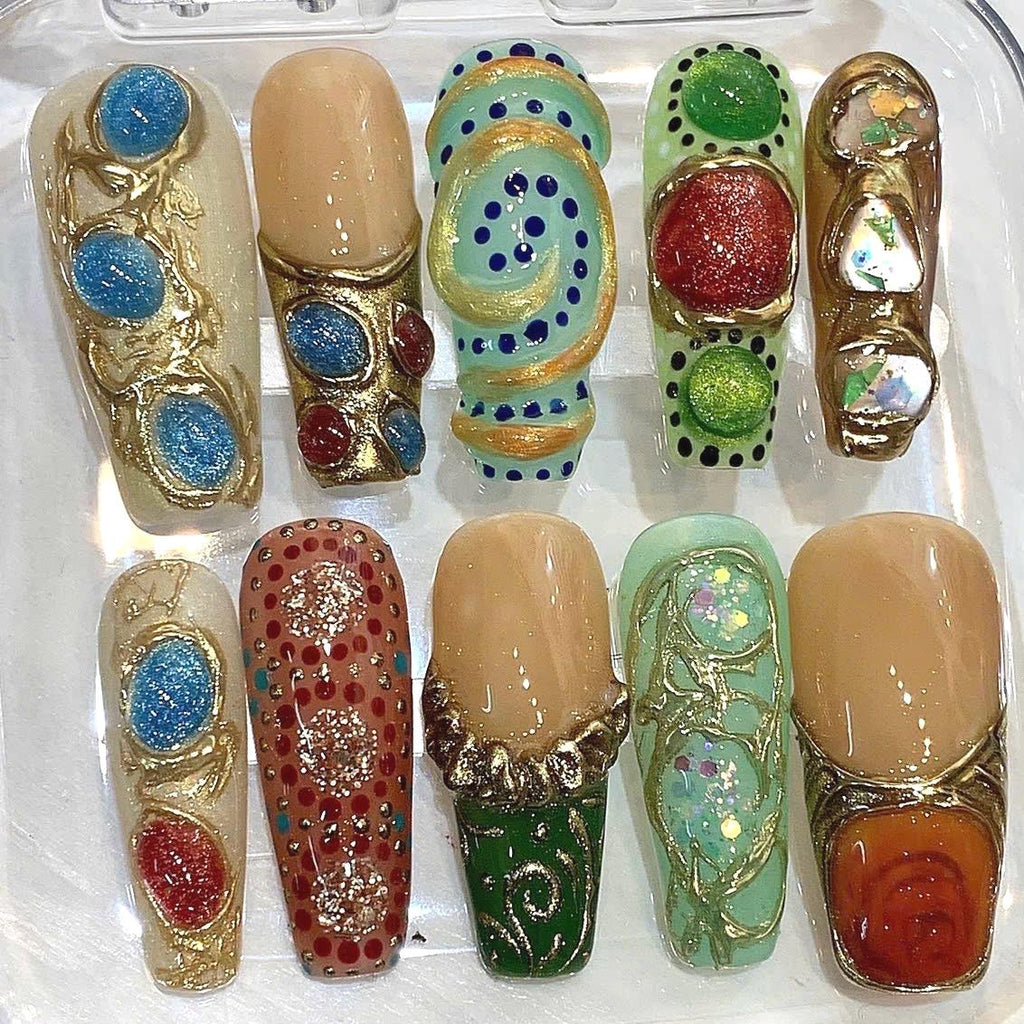 Gemstone Press On Nails, Gold 3D Artistic Nails, Jewel Design Nail Set