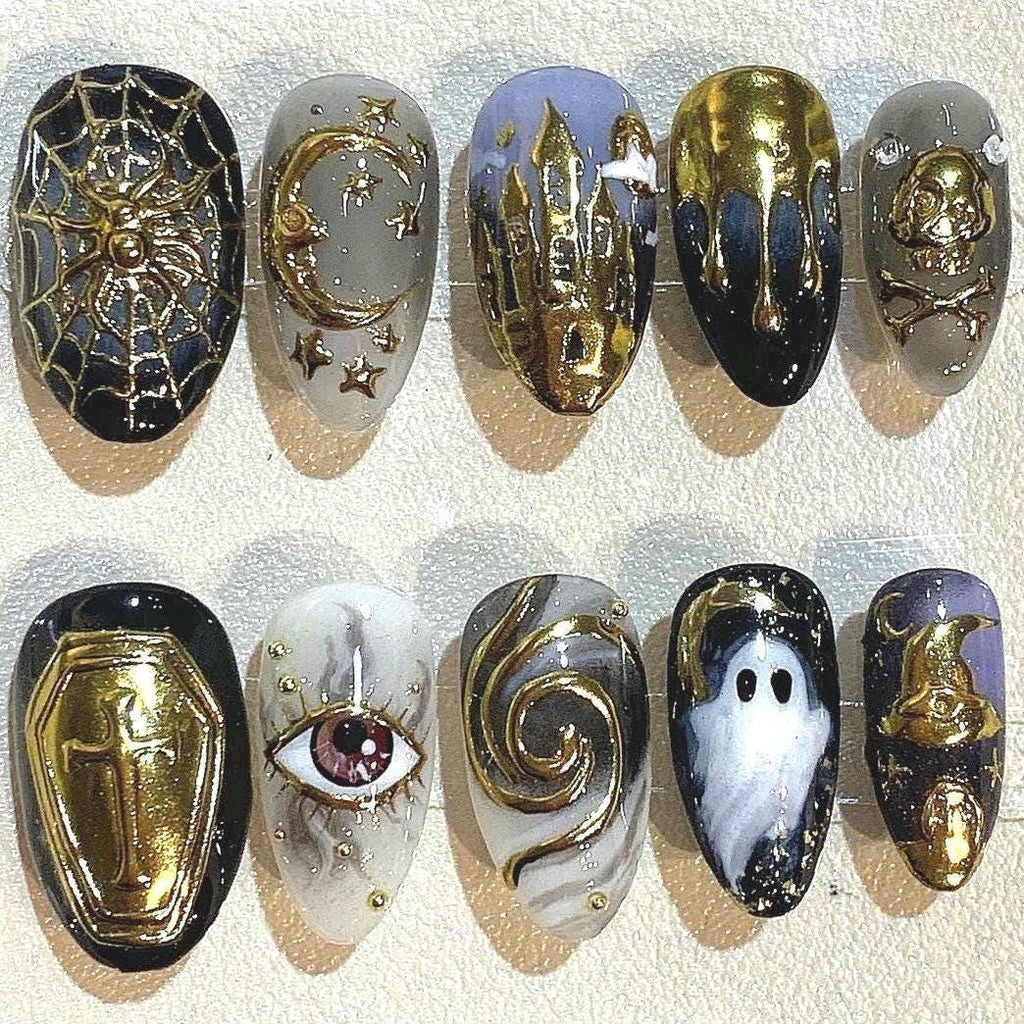 Gold Black Halloween Press On Nails