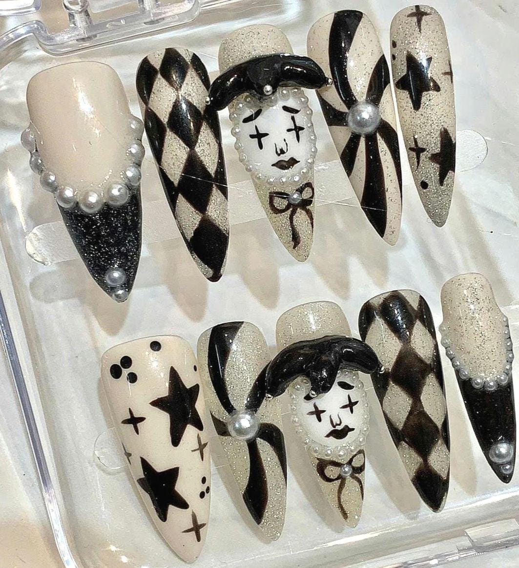 Gothic Harlequin Press On Nails: Black and White Clown Nail Art