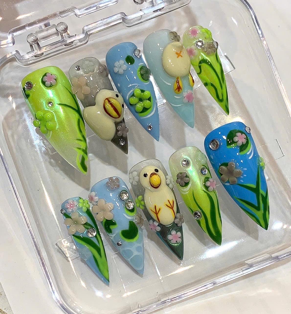 Kawaii Duck 3D Press On Nails | Pastel Blue Green Cartoon Nail Art Set