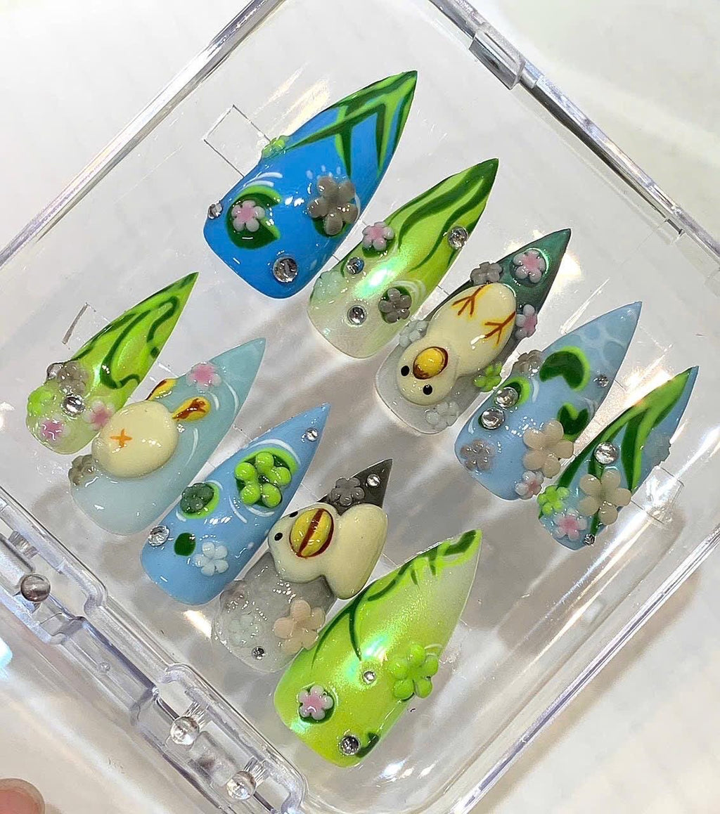 Kawaii Duck 3D Press On Nails | Pastel Blue Green Cartoon Nail Art Set