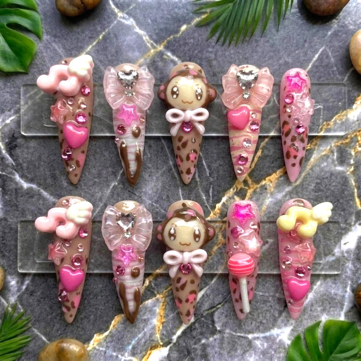 Kawaii Monkey Press On Nails | Y2K Gyaru Stiletto Nails | Pink Leopard Print Nails | 3D Charms Rhinestone Nails | Sweet Harajuku Nails