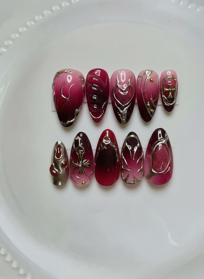 Red Gothic Press On Nails, 3D Chrome Heart Cross Nails, Ombre Dark Aesthetic Nails, Handmade Reusable Fake Nails, Cyber Nails For Dating