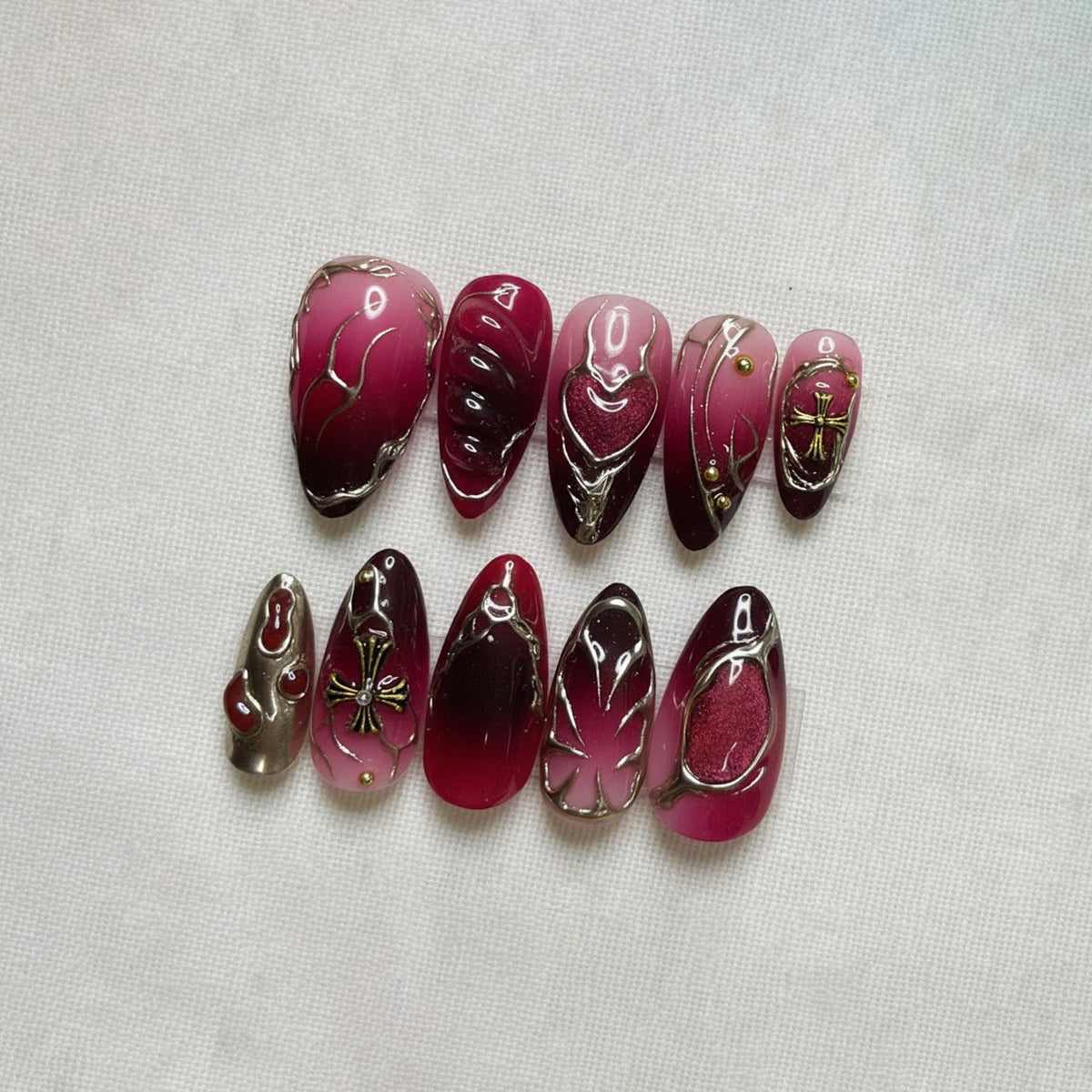Red Gothic Press On Nails, 3D Chrome Heart Cross Nails, Ombre Dark Aesthetic Nails, Handmade Reusable Fake Nails, Cyber Nails For Dating