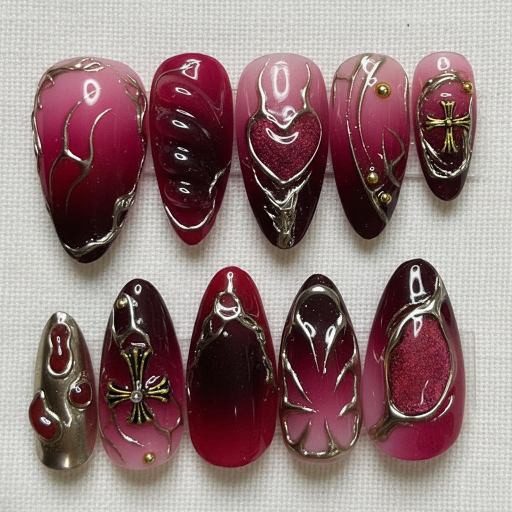 Red Gothic Press On Nails, 3D Chrome Heart Cross Nails, Ombre Dark Aesthetic Nails, Handmade Reusable Fake Nails, Cyber Nails For Dating