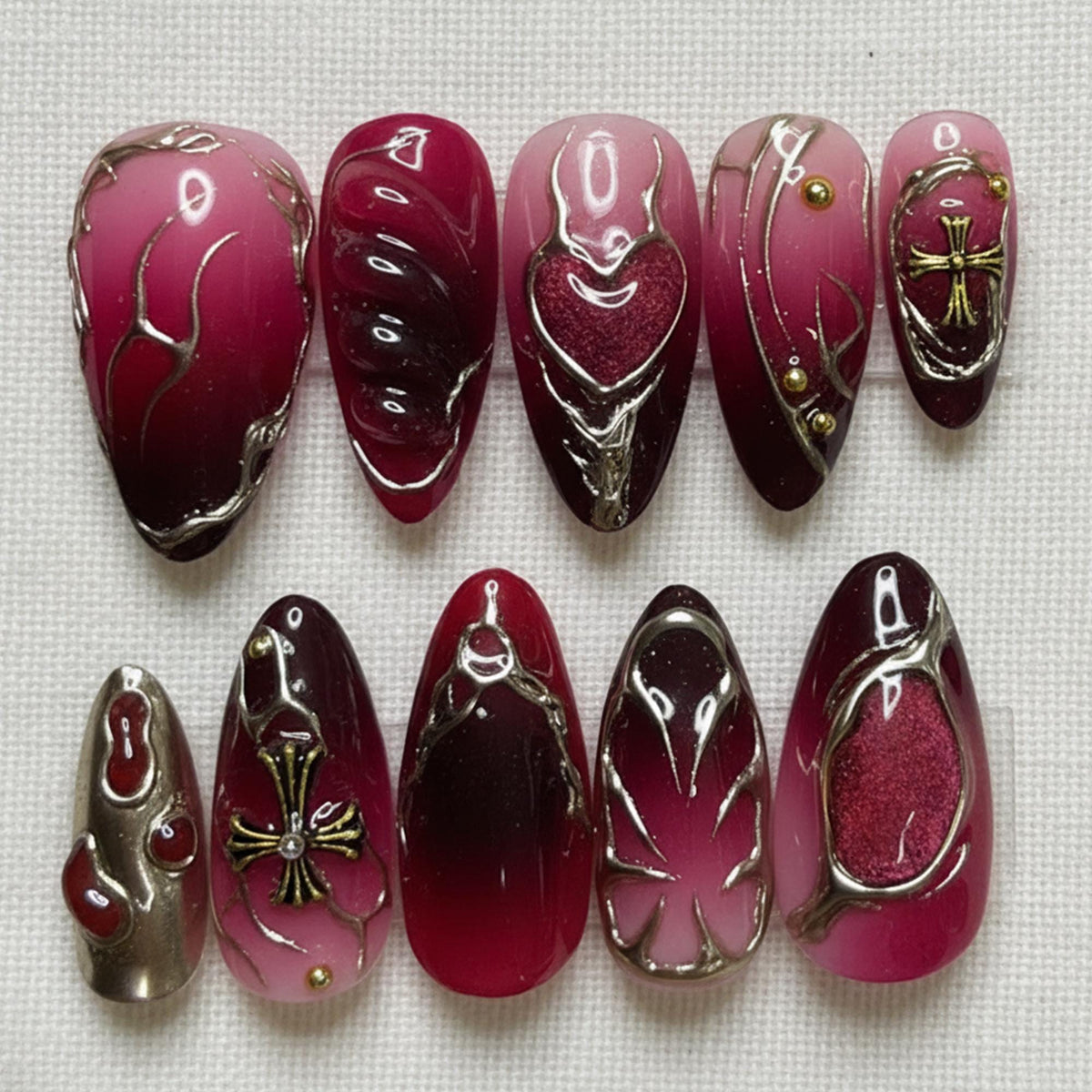 Red Gothic Press On Nails, 3D Chrome Heart Cross Nails, Ombre Dark Aesthetic Nails, Handmade Reusable Fake Nails, Cyber Nails For Dating