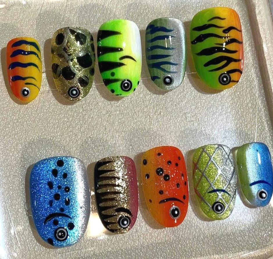 Hand-Painted Fish Press On Nails: Tropical Aquarium Nail Art