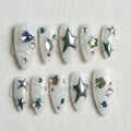 Chrome Star Press On Nails, 3D Silver Metallic Nails, Kawaii Iridescent Gel Nails, Handmade Coquette Nails