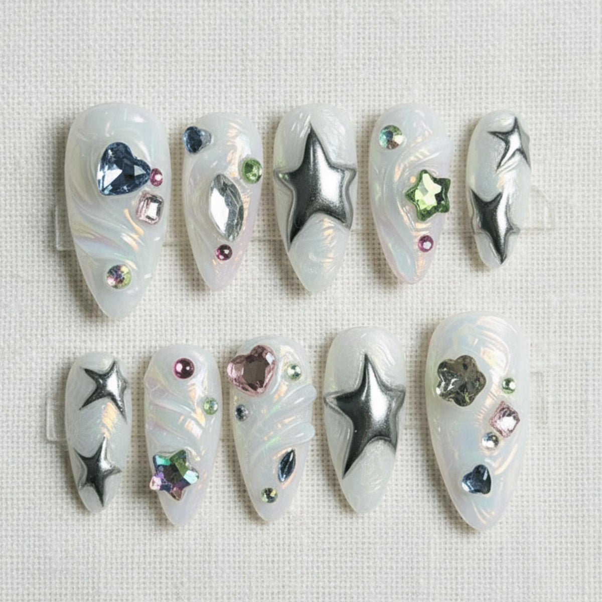 Chrome Star Press On Nails, 3D Silver Metallic Nails, Kawaii Iridescent Gel Nails, Handmade Coquette Nails
