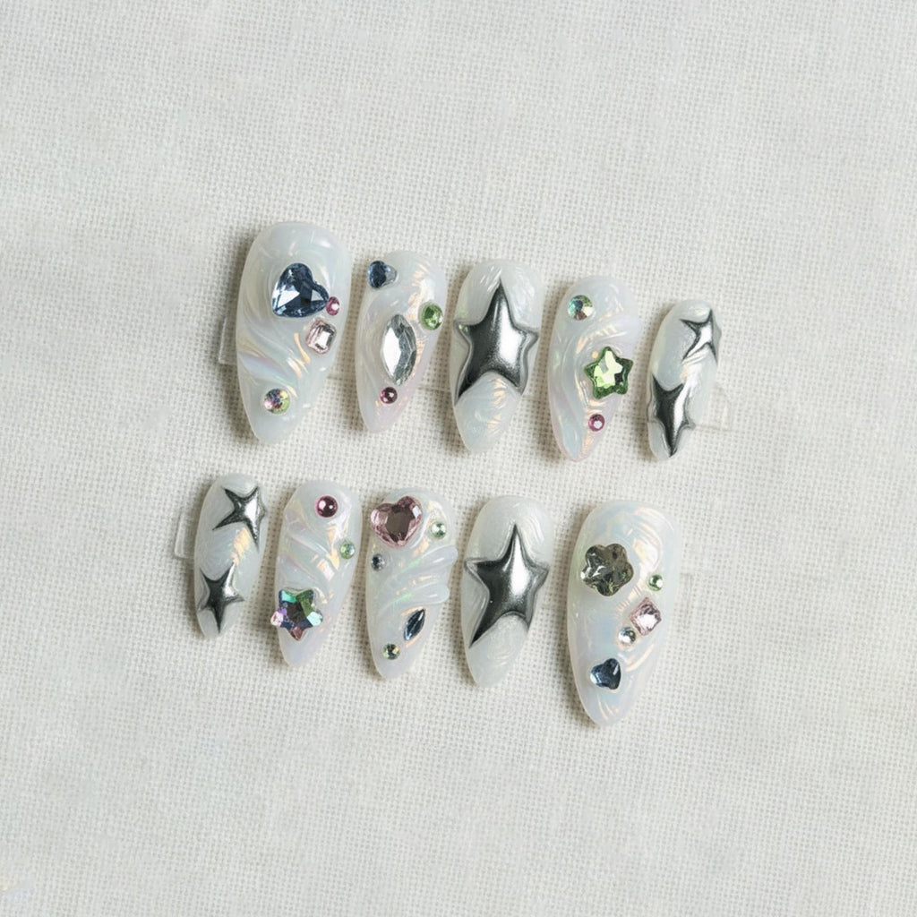 Chrome Star Press On Nails, 3D Silver Metallic Nails, Kawaii Iridescent Gel Nails, Handmade Coquette Nails
