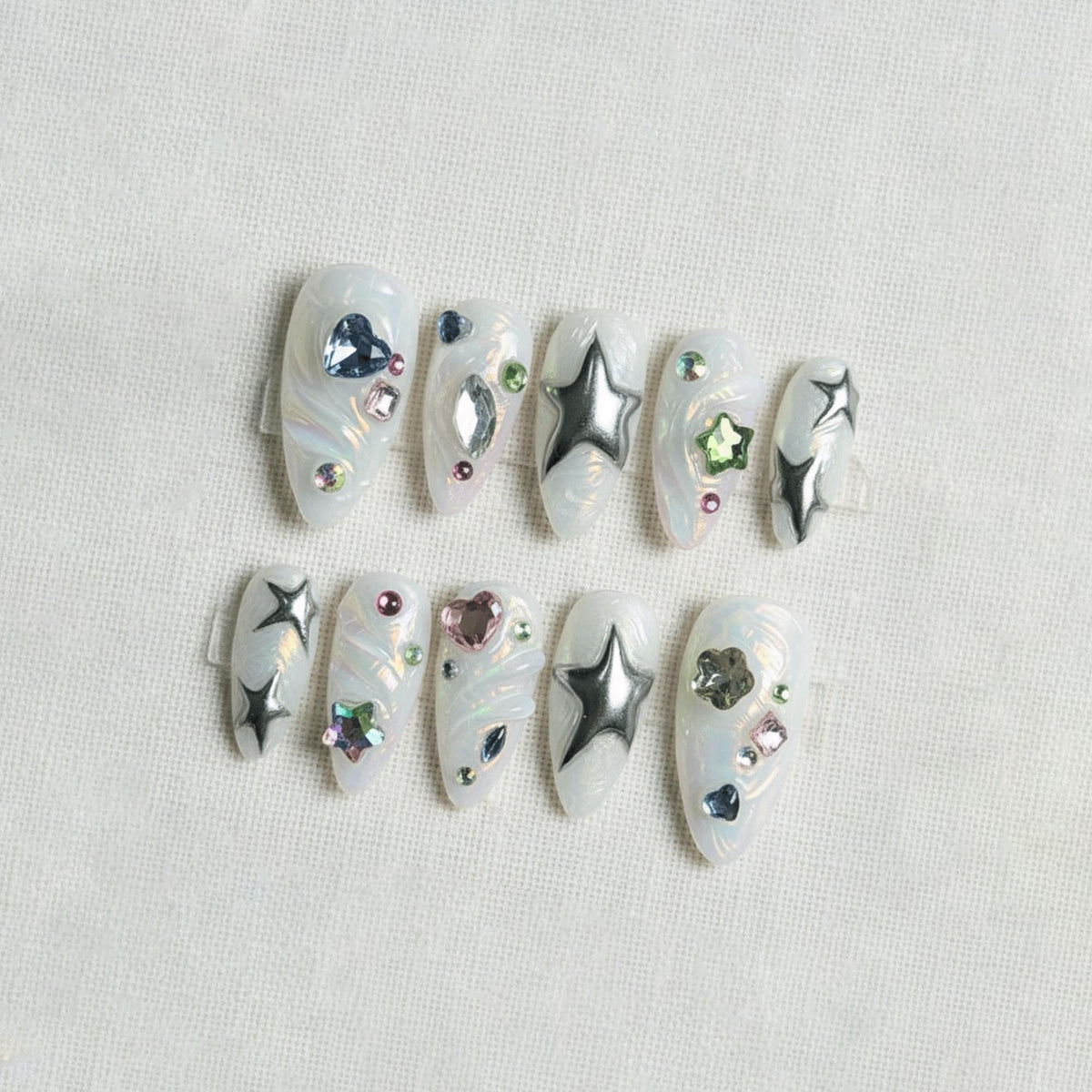Chrome Star Press On Nails, 3D Silver Metallic Nails, Kawaii Iridescent Gel Nails, Handmade Coquette Nails