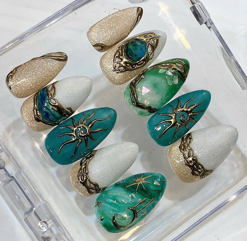 Celestial Press On Nails, Sun Moon Gold 3D Nails, Green Marble Nail Set