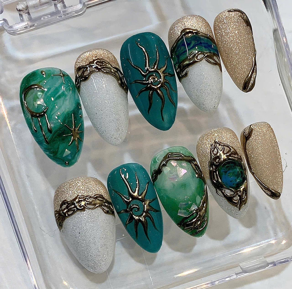 Celestial Press On Nails, Sun Moon Gold 3D Nails, Green Marble Nail Set