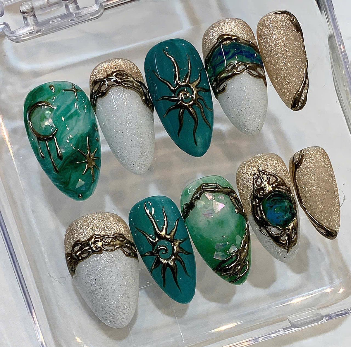 Celestial Press On Nails, Sun Moon Gold 3D Nails, Green Marble Nail Set