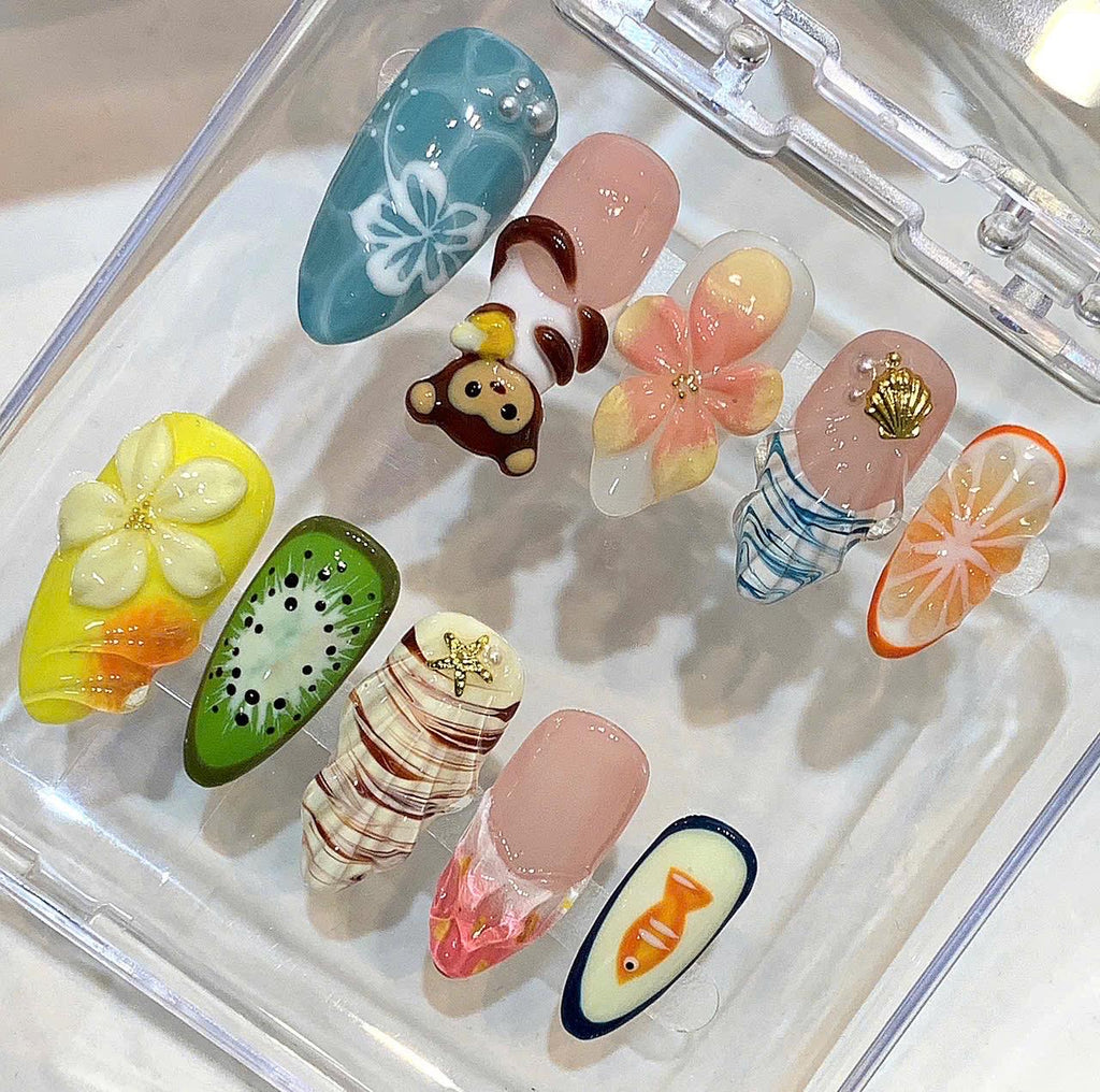 Tropical 3D Press On Nails – Fruit, Animal, Summer Beach Designs (Handmade)