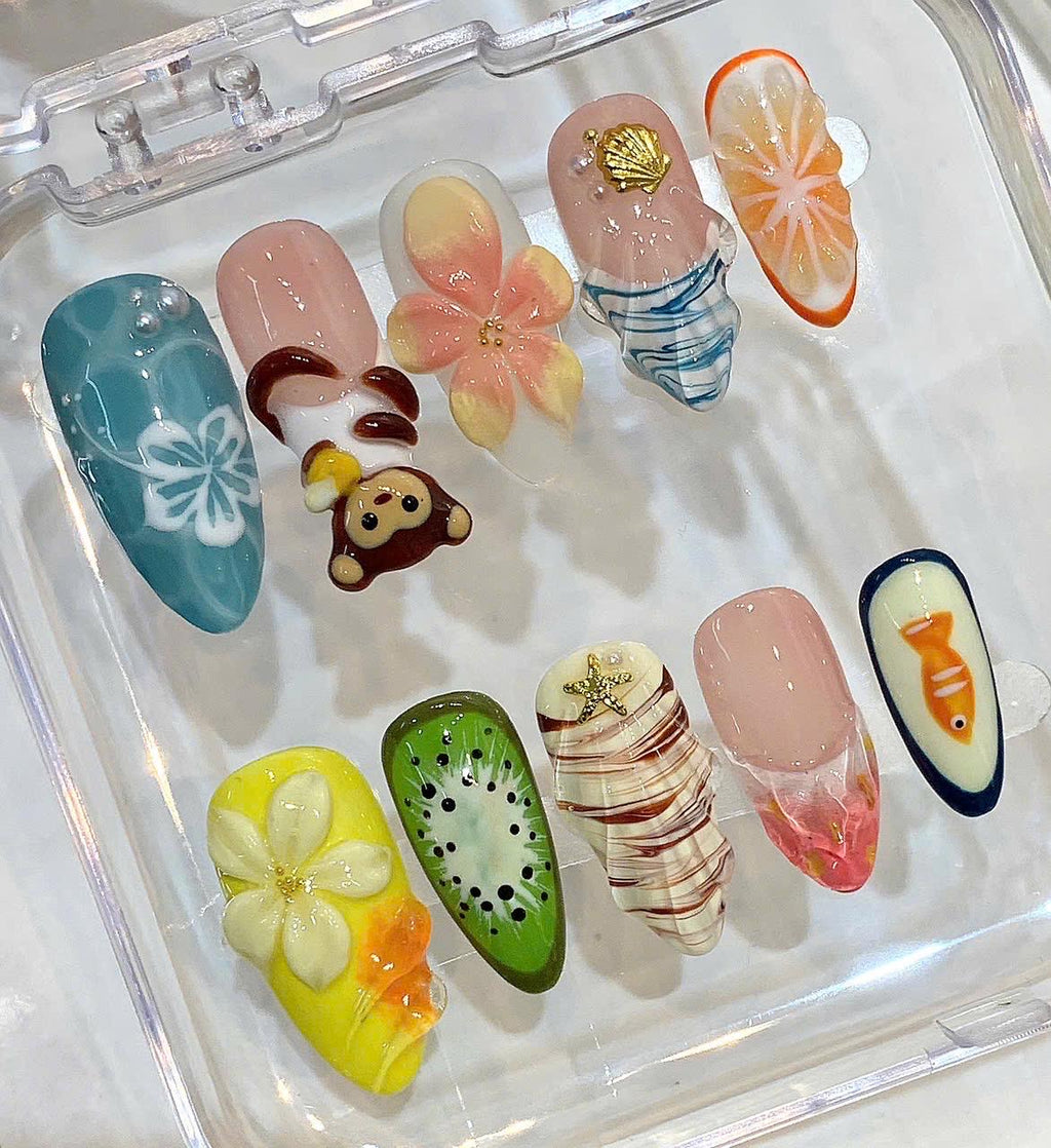 Tropical 3D Press On Nails – Fruit, Animal, Summer Beach Designs (Handmade)
