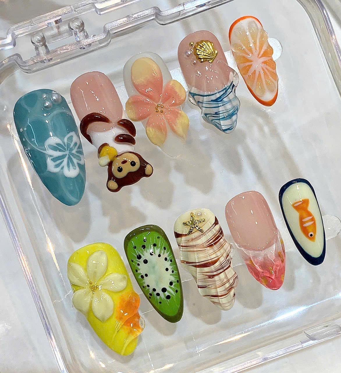 Tropical 3D Press On Nails – Fruit, Animal, Summer Beach Designs (Handmade)