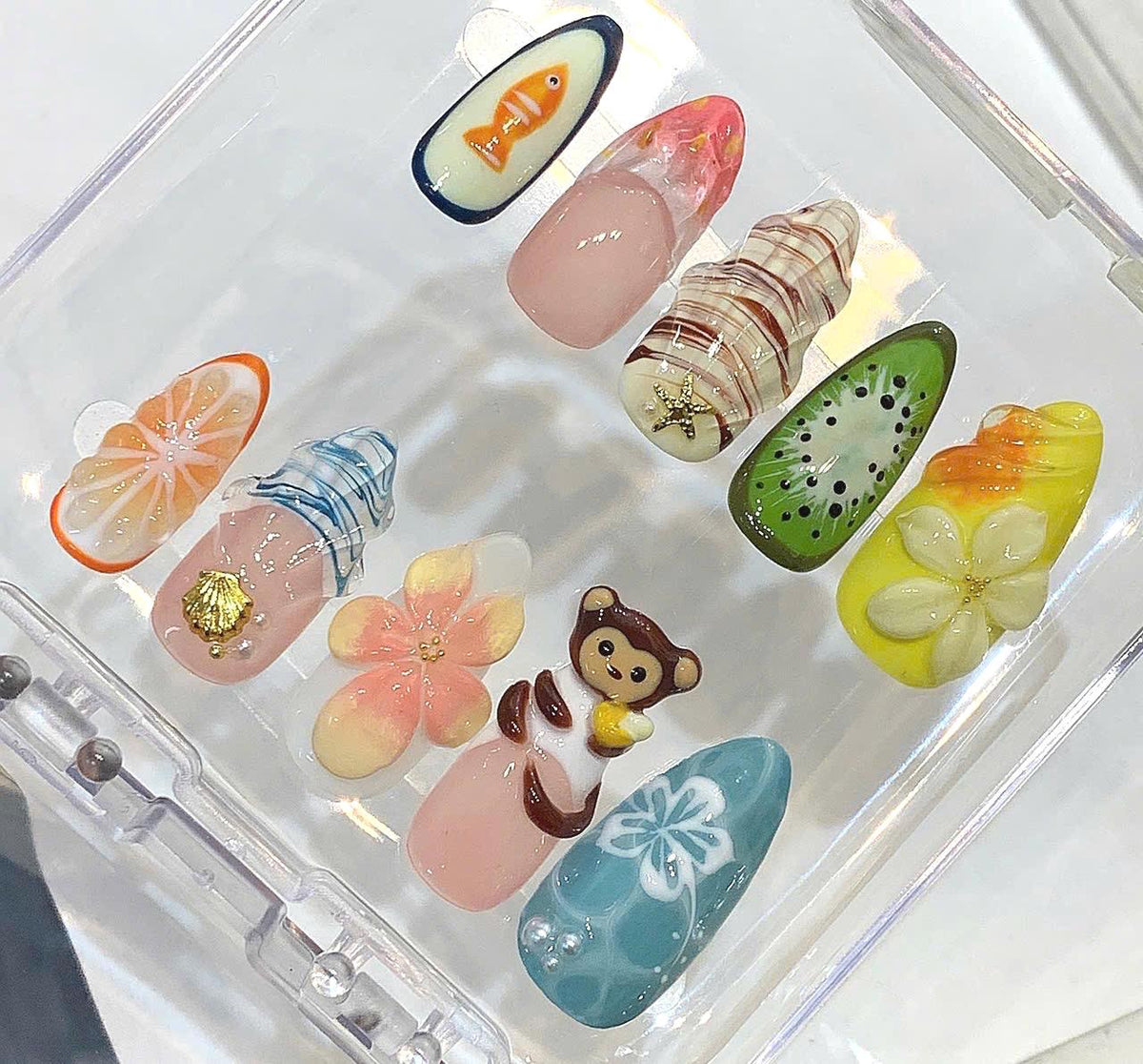 Tropical 3D Press On Nails – Fruit, Animal, Summer Beach Designs (Handmade)