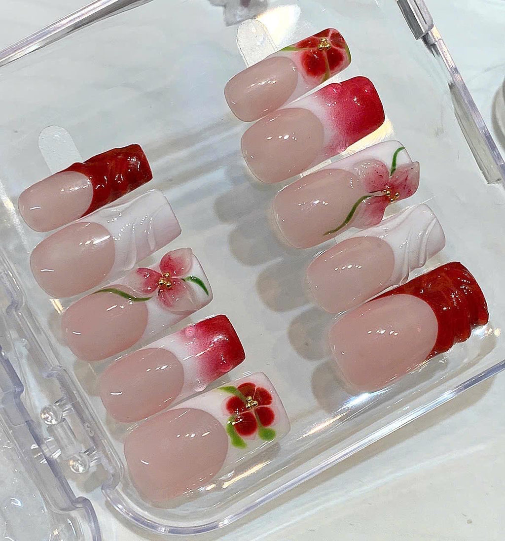 Red Floral Press On Nails – 3D Flower Gel Art, Elegant Pink White Handmade Nails