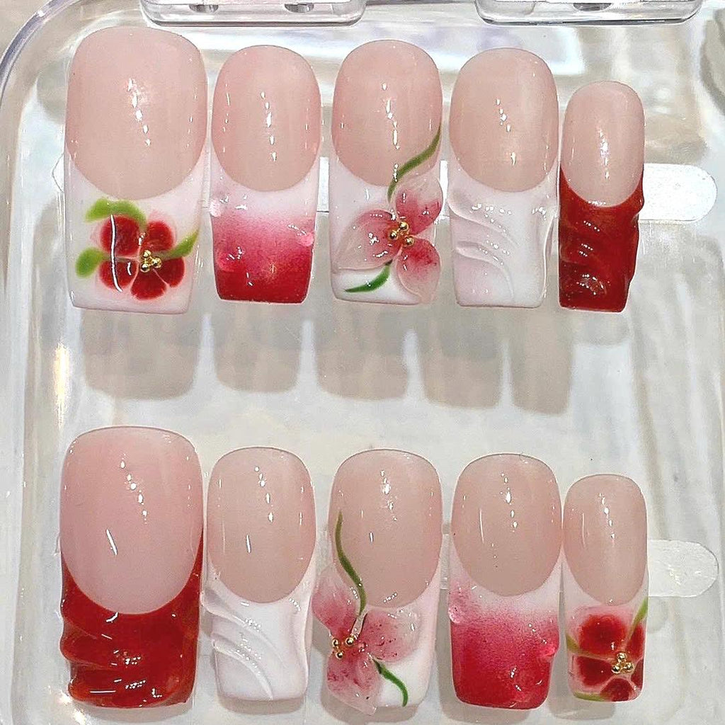 Red Floral Press On Nails – 3D Flower Gel Art, Elegant Pink White Handmade Nails