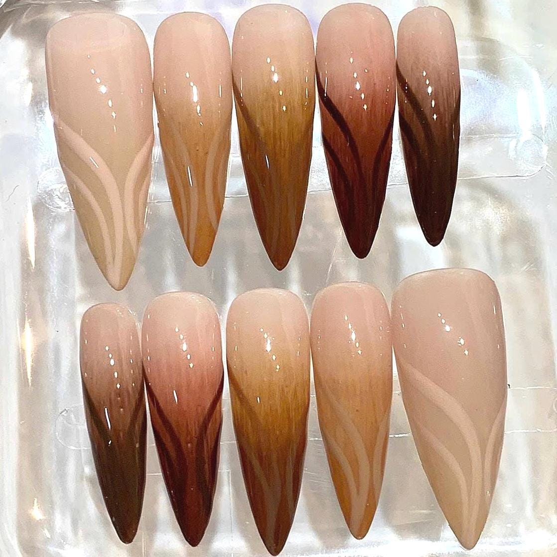 Nude Brown Ombre Press On Nails | Long Stiletto Nails | Elegant Neutral Nail Set | Handmade Reusable Nails