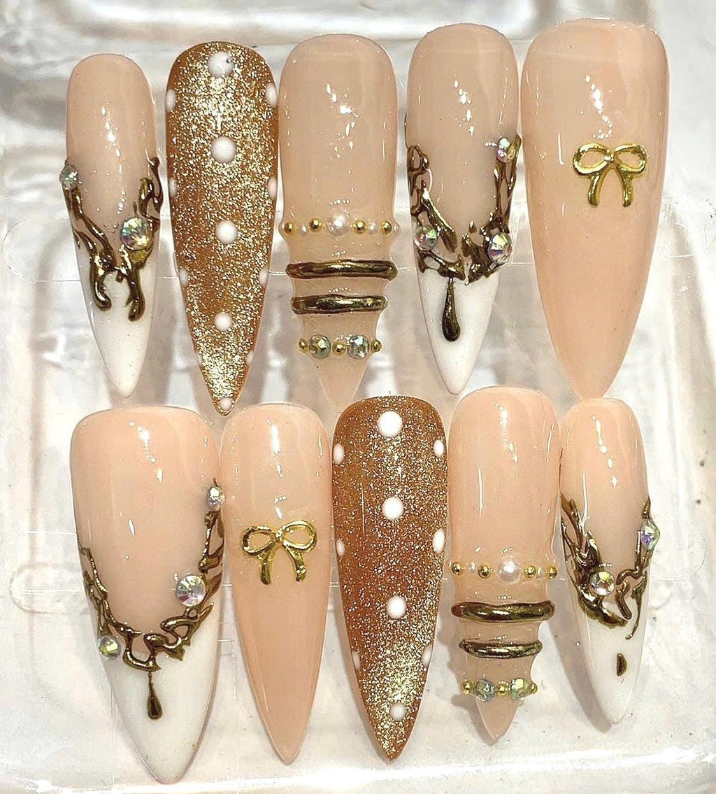 Nude Gold Press On Nails | Luxury Rhinestone Nails | Long Stiletto Nails | Elegant Pearl Nail Set | Handmade Reusable Nails