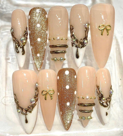 Nude Gold Press On Nails | Luxury Rhinestone Nails | Long Stiletto Nails | Elegant Pearl Nail Set | Handmade Reusable Nails