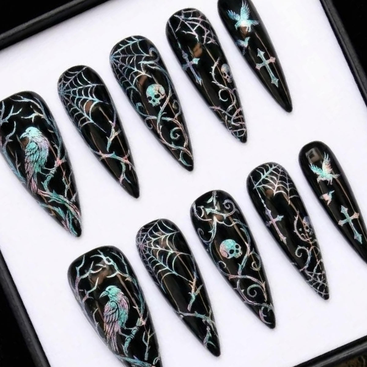 Gothic Raven & Skull Press On Nails | Dark Witchy Stiletto Nails | Holo Spiderweb Nails | Hand Painted Gel Nails | Alternative Goth Nails