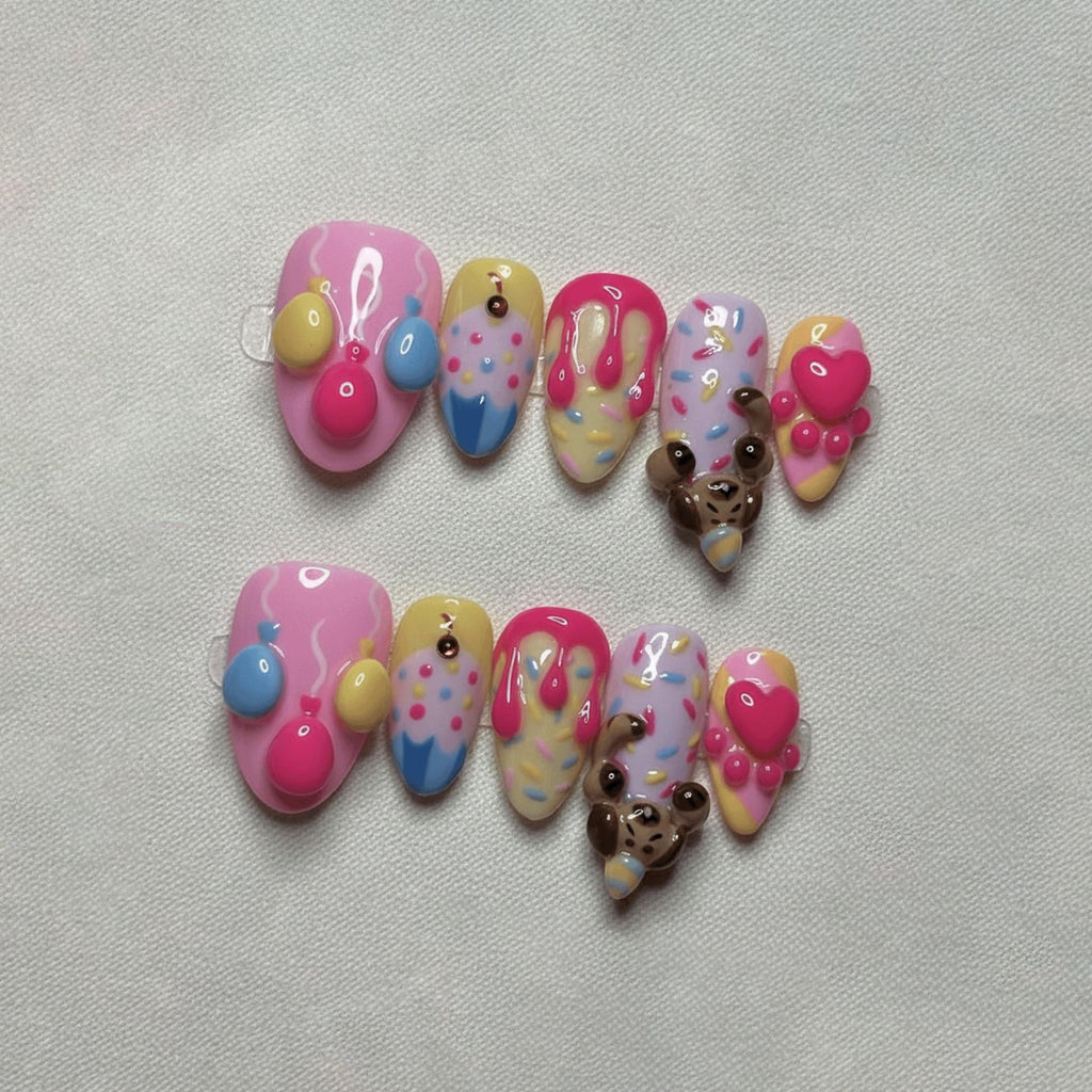 3D Cute Birthday Press On Nails, Handmade Candy Drip & Puppy Nail Art, Pastel Ice Cream Nail Designs
