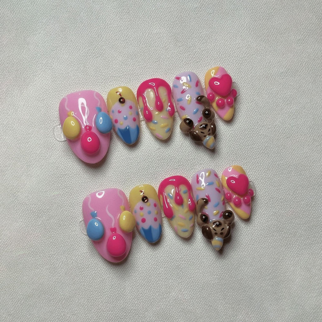 3D Cute Birthday Press On Nails, Handmade Candy Drip & Puppy Nail Art, Pastel Ice Cream Nail Designs