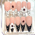 Polka Dot Ladybug Press On Nails – Black & White Flower 3D Charming Nail Set