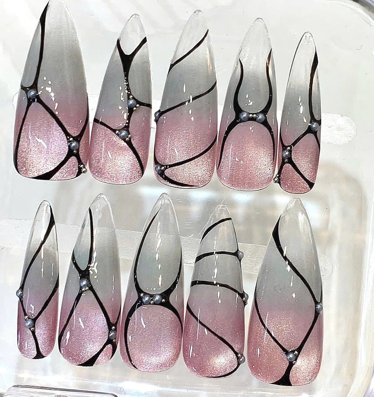 Pink Gray Ombre Stiletto Nails – Black Line Art, Pearl Accent, Luxury Set