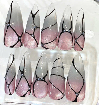 Pink Gray Ombre Stiletto Nails – Black Line Art, Pearl Accent, Luxury Set