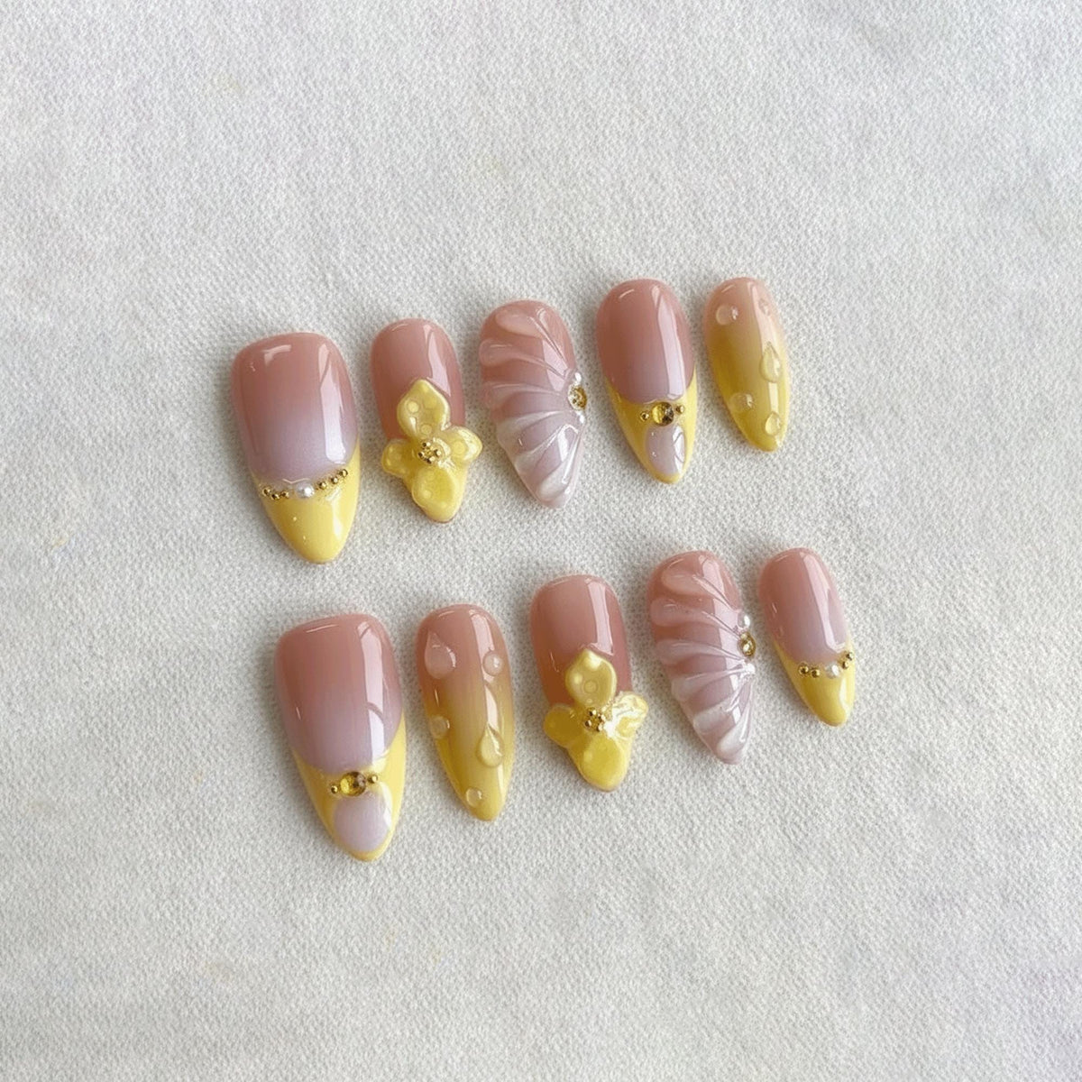 Spring Coquette Press On Nails, 3D Yellow Flower Nail Art, Handmade French Tip Nails