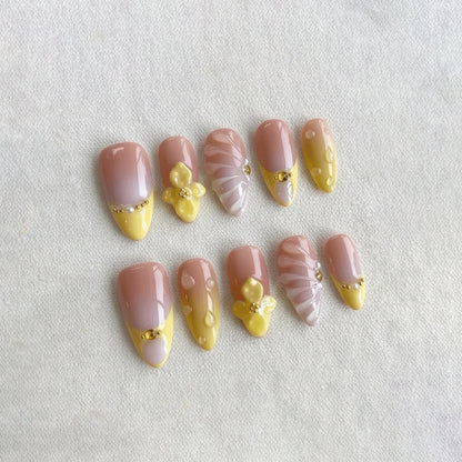 Spring Coquette Press On Nails, 3D Yellow Flower Nail Art, Handmade French Tip Nails